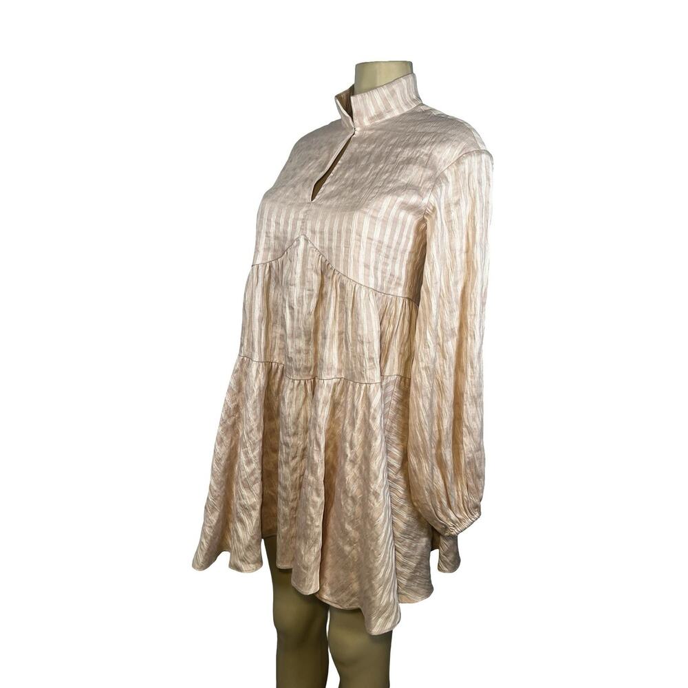 C/MEO Collective Dress Womens Small Pink Stripe Linen Blend Tiered Long Sleeve